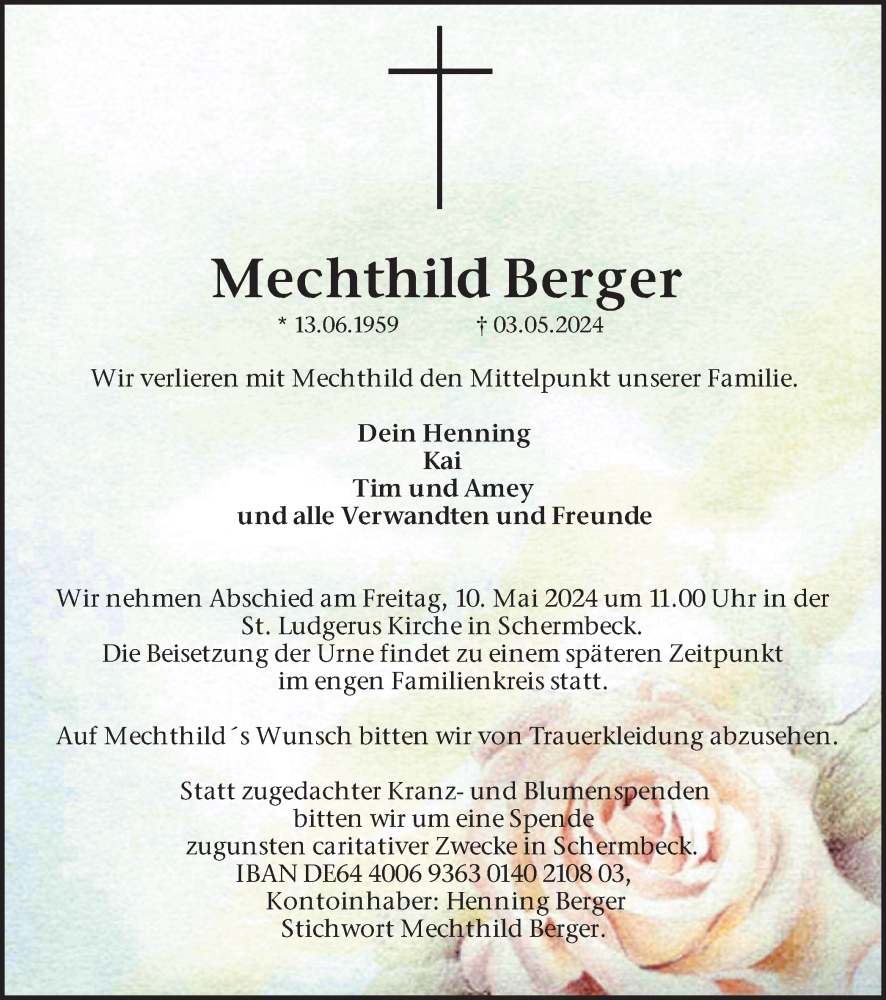  Traueranzeige für Mechthild Berger vom 07.05.2024 aus Ruhr Nachrichten und Dorstener Zeitung