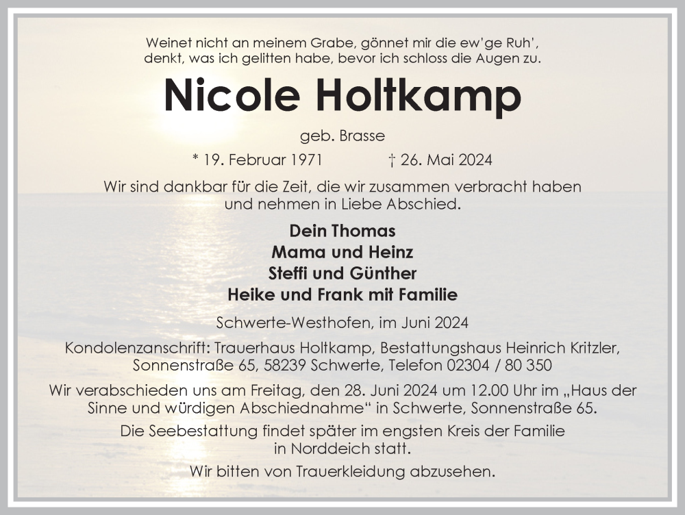  Traueranzeige für Nicole Holtkamp vom 01.06.2024 aus Ruhr Nachrichten