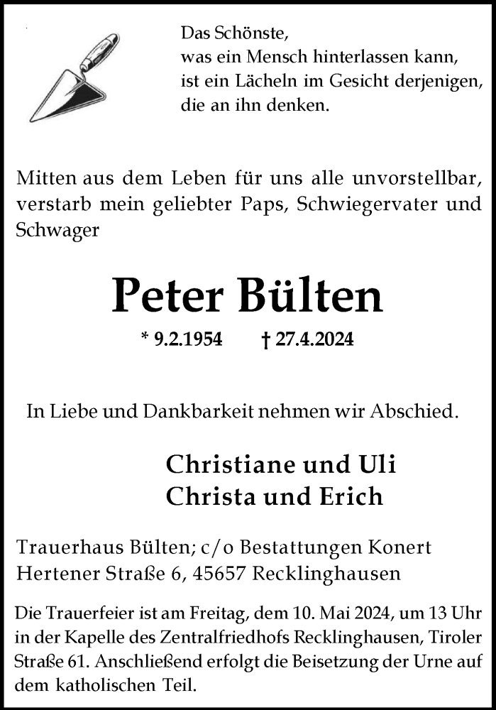  Traueranzeige für Peter Bülten vom 04.05.2024 aus Medienhaus Bauer