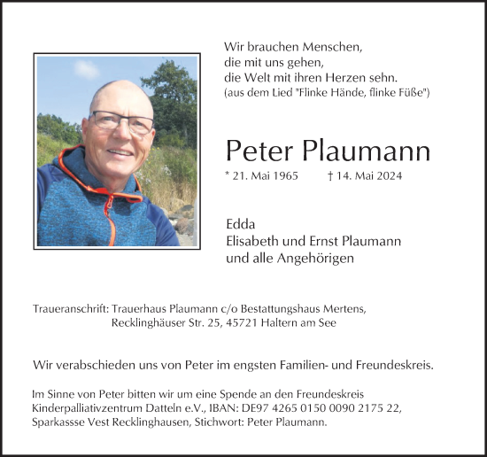 Traueranzeige von Peter Plaumann von Ruhr Nachrichten und Halterner Zeitung