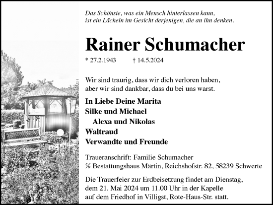 Traueranzeige von Rainer Schumacher von Ruhr Nachrichten