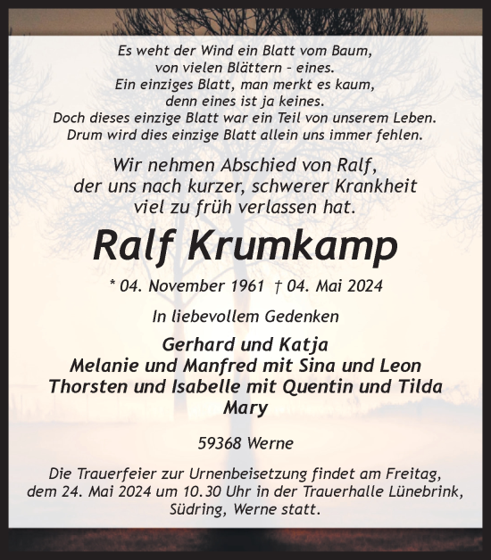 Traueranzeige von Ralf Krumkamp von Ruhr Nachrichten