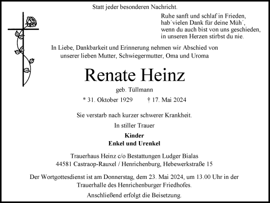 Traueranzeige von Renate Heinz von Ruhr Nachrichten