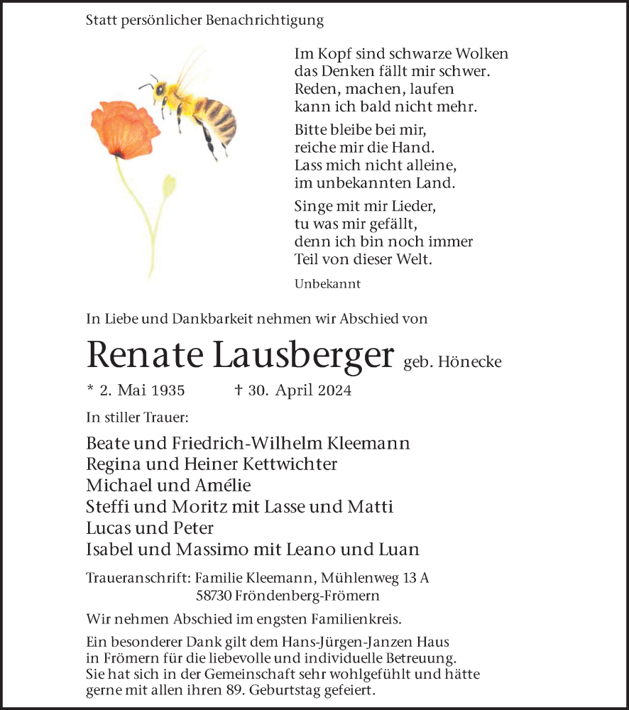  Traueranzeige für Renate Lausberger vom 07.05.2024 aus Hellweger Anzeiger