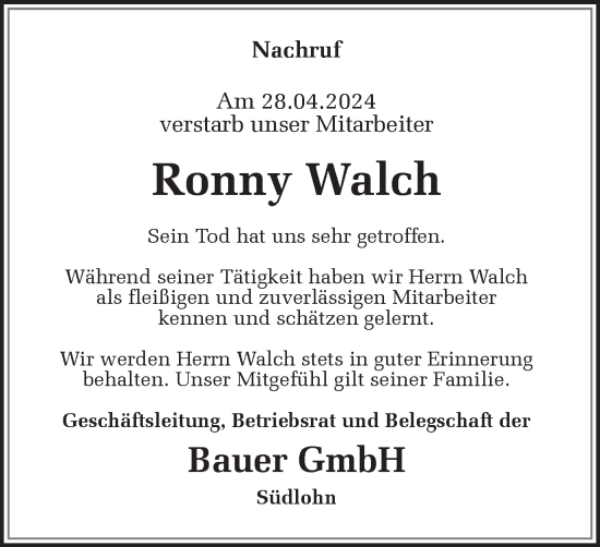 Traueranzeige von Ronny Walch von Münsterland Zeitung