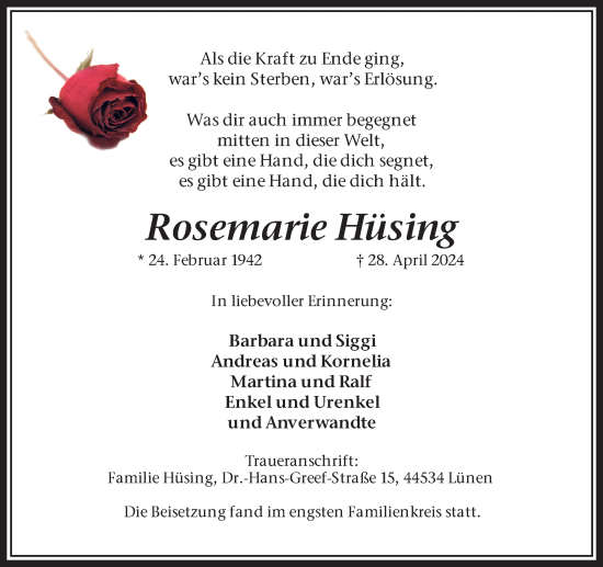 Traueranzeige von Rosemarie Hüsing von Ruhr Nachrichten