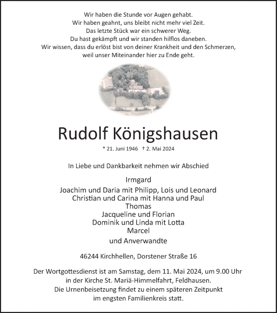 Traueranzeige von Rudolf Königshausen von Ruhr Nachrichten und Dorstener Zeitung