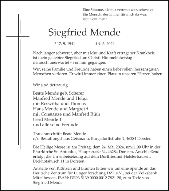 Traueranzeige von Siegfried Mende von Ruhr Nachrichten und Dorstener Zeitung