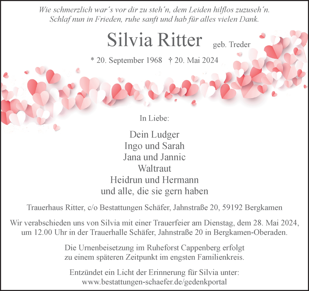  Traueranzeige für Silvia Ritter vom 25.05.2024 aus Hellweger Anzeiger
