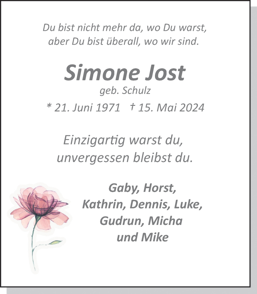  Traueranzeige für Simone Jost vom 01.06.2024 aus 