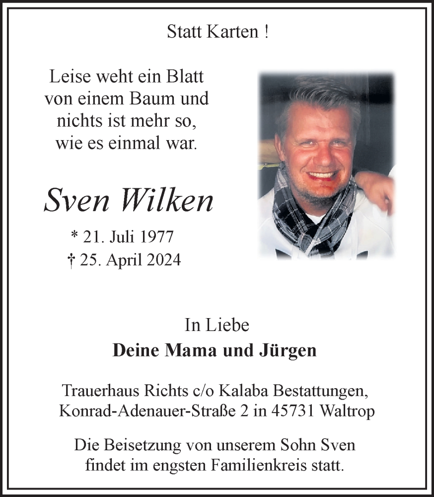  Traueranzeige für Sven Wilken vom 04.05.2024 aus Medienhaus Bauer
