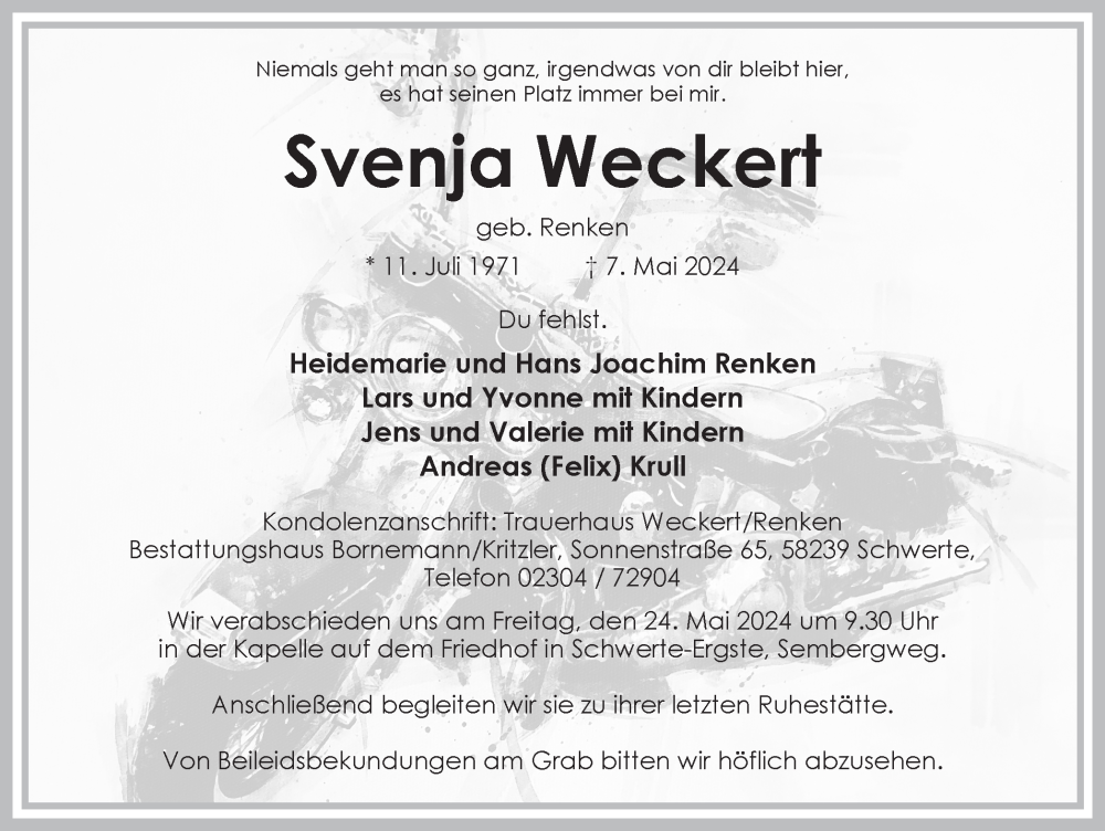 Traueranzeige für Svenja Weckert vom 18.05.2024 aus Ruhr Nachrichten