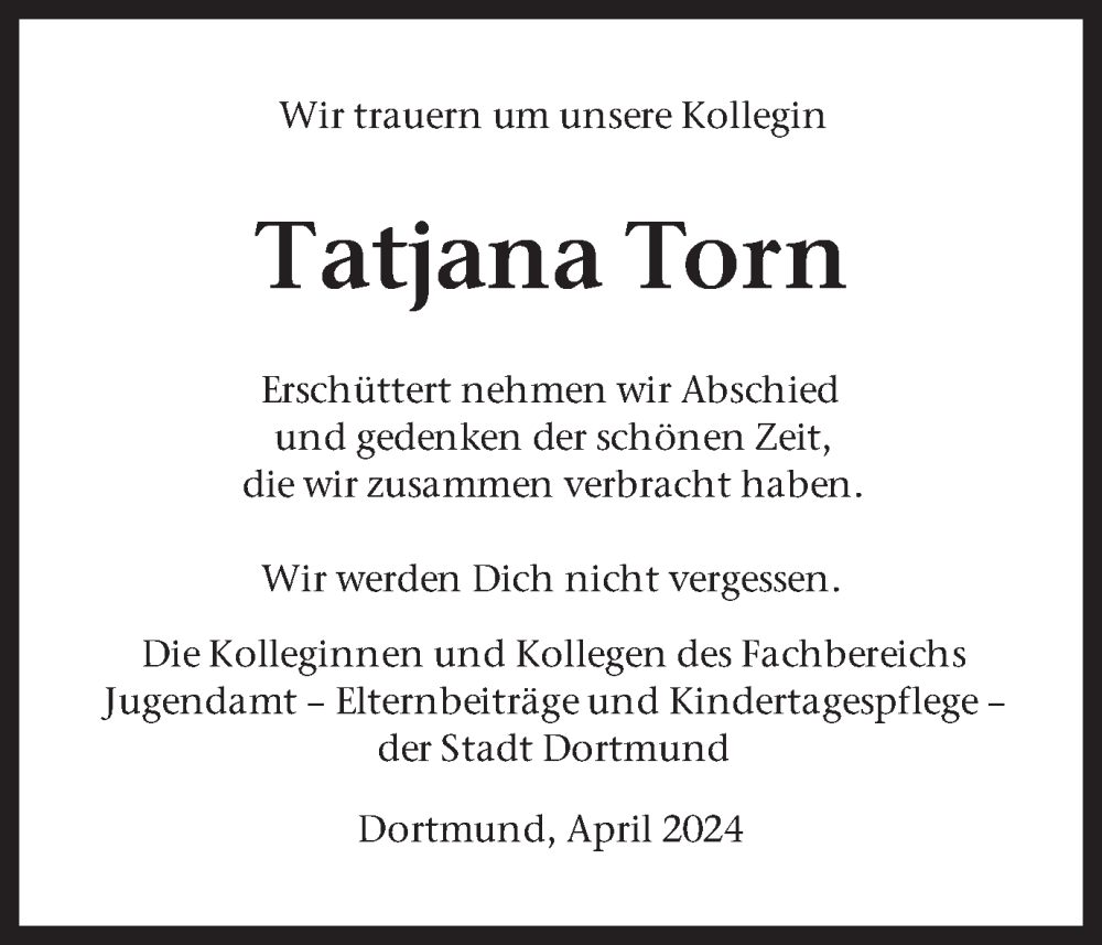  Traueranzeige für Tatjana Torn vom 04.05.2024 aus 