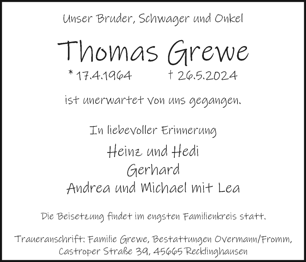  Traueranzeige für Thomas Grewe vom 01.06.2024 aus Medienhaus Bauer