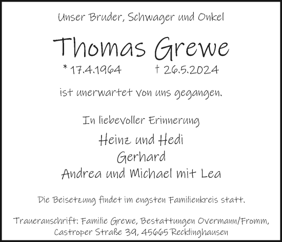 Traueranzeige von Thomas Grewe von Medienhaus Bauer