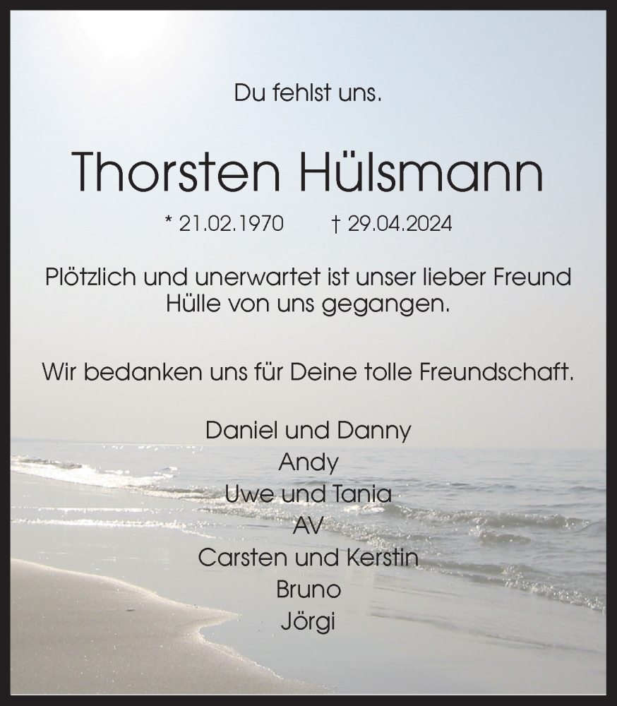  Traueranzeige für Thorsten Hülsmann vom 04.05.2024 aus 