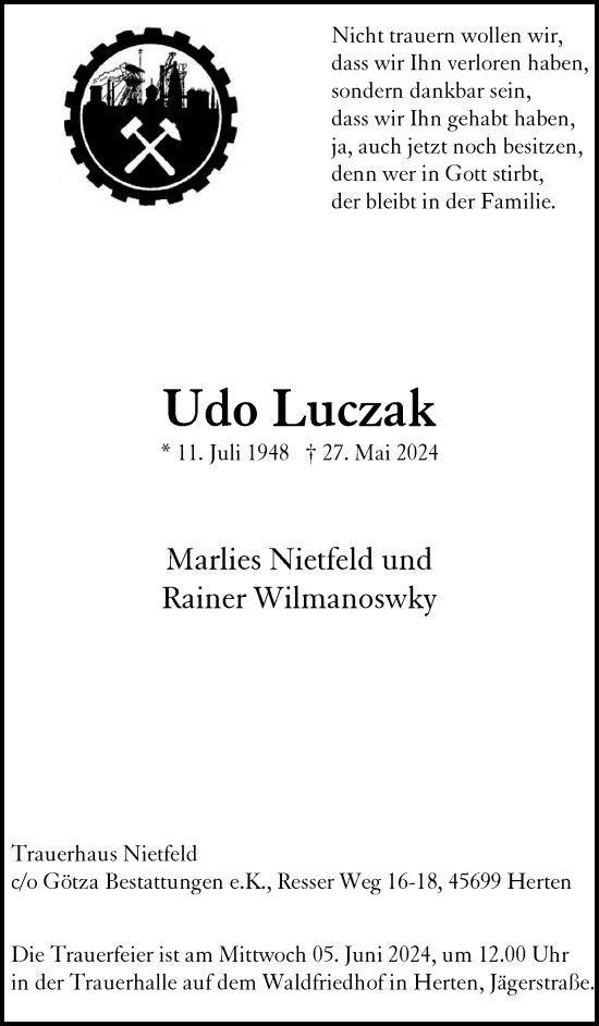 Traueranzeige von Udo Luczak