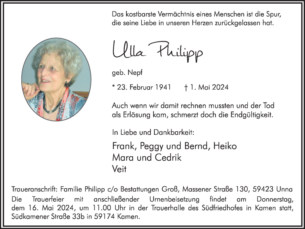  Traueranzeige für Ulla Philipp vom 11.05.2024 aus Hellweger Anzeiger