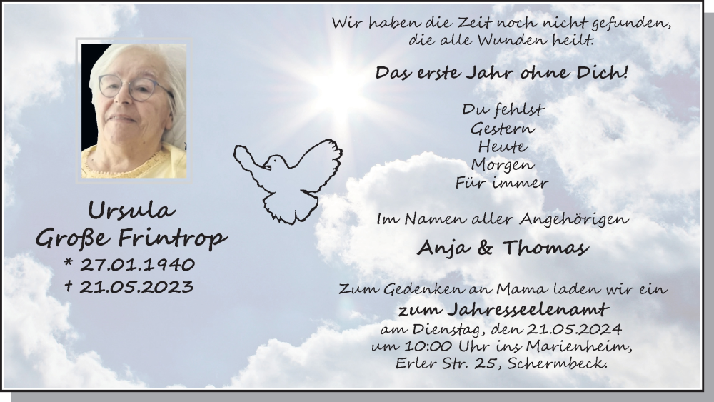  Traueranzeige für Ursula Große Frintrop vom 18.05.2024 aus Ruhr Nachrichten und Dorstener Zeitung