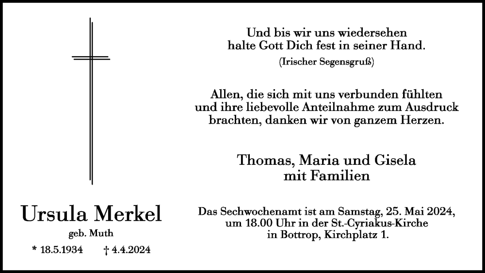  Traueranzeige für Ursula Merkel vom 21.05.2024 aus Ruhr Nachrichten und Dorstener Zeitung