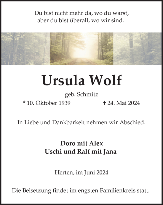 Traueranzeige von Ursula Wolf von Medienhaus Bauer