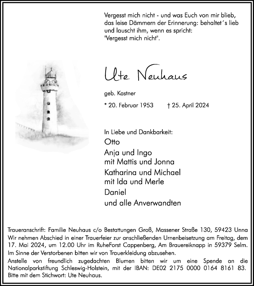  Traueranzeige für Ute Neuhaus vom 04.05.2024 aus Hellweger Anzeiger