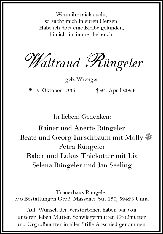 Traueranzeige von Waltraud Rüngeler von Hellweger Anzeiger