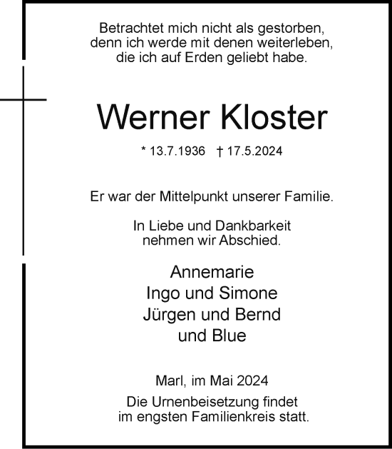 Traueranzeige von Werner Kloster von Medienhaus Bauer