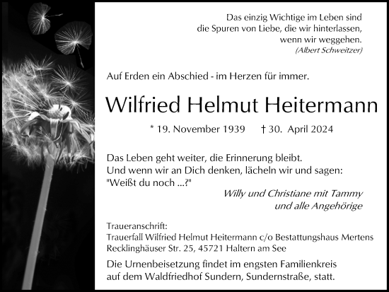 Traueranzeige von Wilfried Helmut Heitermann von Ruhr Nachrichten und Halterner Zeitung
