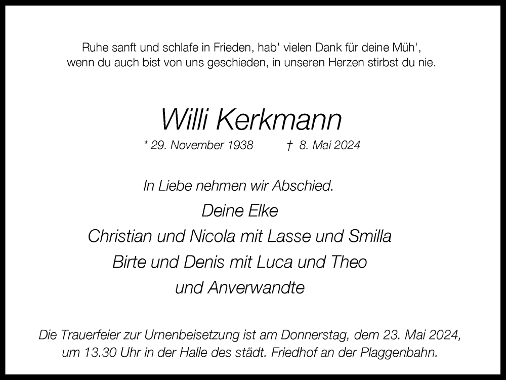  Traueranzeige für Willi Kerkmann vom 18.05.2024 aus Ruhr Nachrichten und Dorstener Zeitung