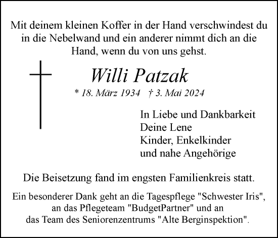 Traueranzeige von Willi Patzak von Medienhaus Bauer