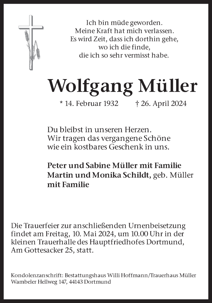  Traueranzeige für Wolfgang Müller vom 04.05.2024 aus 