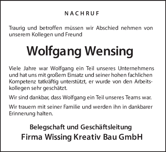 Traueranzeige von Wolfgang Wensing
