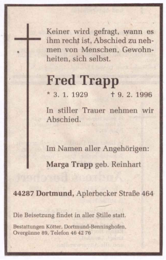 Traueranzeige von Fred Trapp 