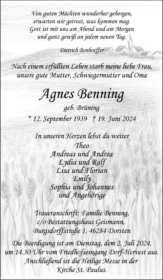 Traueranzeige von Agnes Benning von Ruhr Nachrichten und Dorstener Zeitung