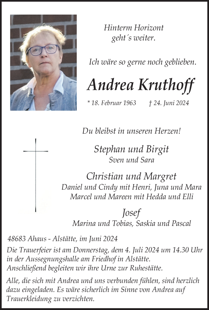  Traueranzeige für Andrea Kruthoff vom 29.06.2024 aus Münsterland Zeitung