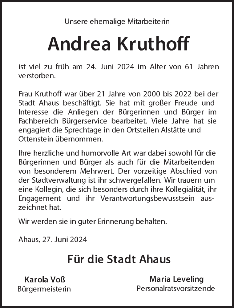  Traueranzeige für Andrea Kruthoff vom 01.07.2024 aus Münsterland Zeitung