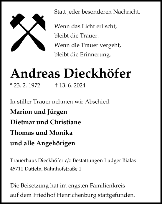 Traueranzeige von Andreas Dieckhöfer von Stadtanzeiger Castrop-Rauxel