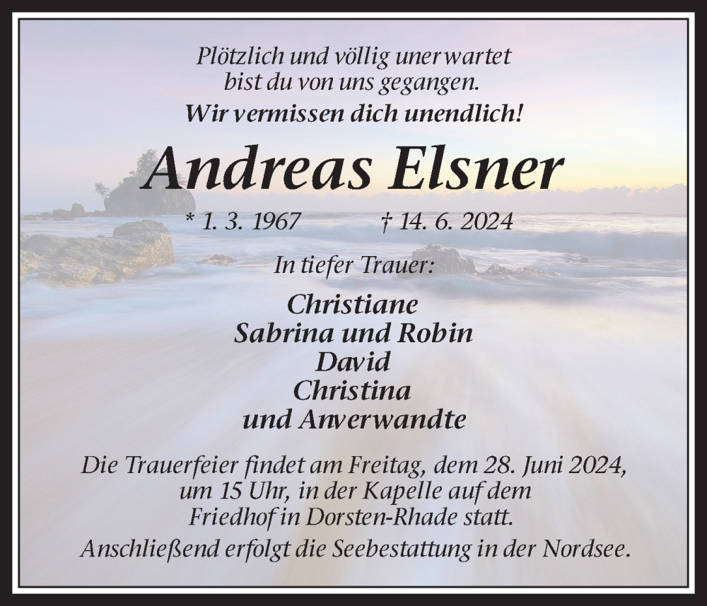  Traueranzeige für Andreas Elsner vom 26.06.2024 aus Recklinghäuser Zeitung