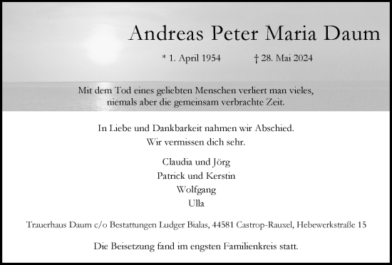 Traueranzeige von Andreas Peter Maria Daum 