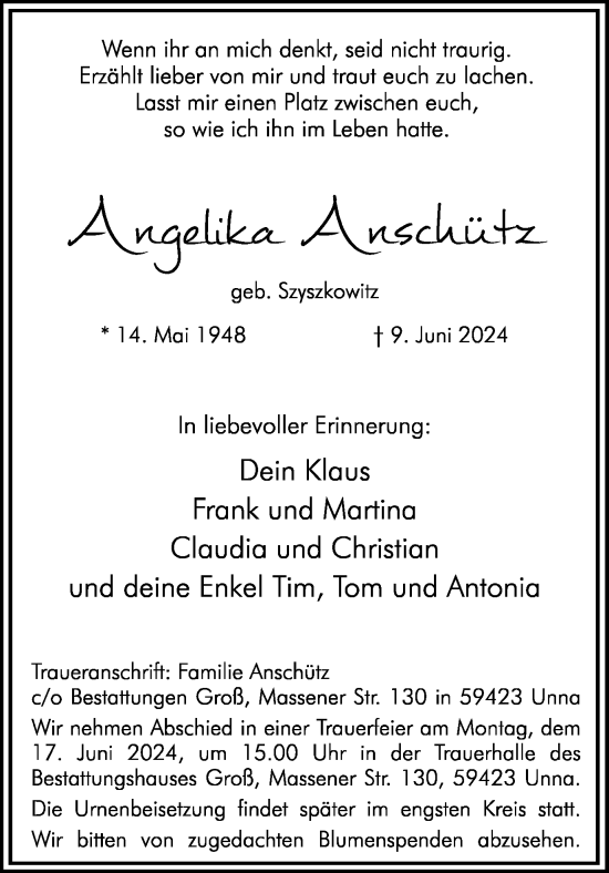 Traueranzeige von Angelika Anschütz von Hellweger Anzeiger