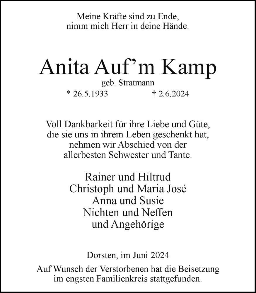  Traueranzeige für Anita  Aufm Kamp vom 08.06.2024 aus Ruhr Nachrichten und Dorstener Zeitung