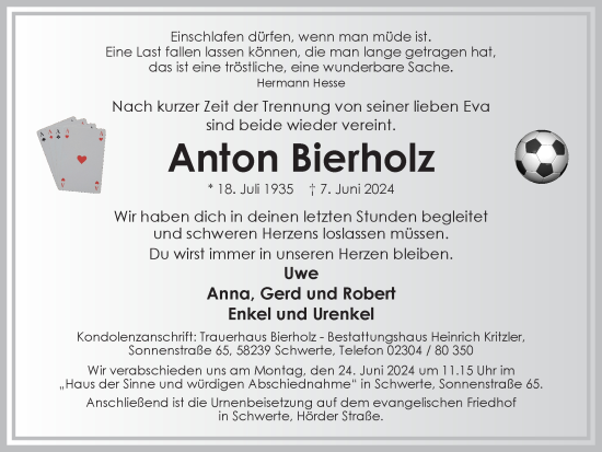 Traueranzeige von Anton Bierholz von Ruhr Nachrichten