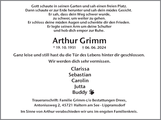 Traueranzeige von Arthur Grimm von Ruhr Nachrichten und Halterner Zeitung