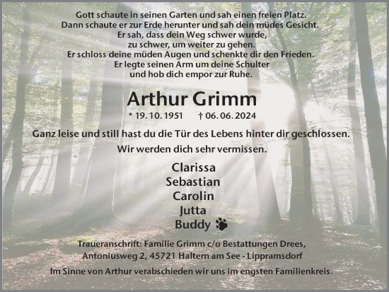 Traueranzeige von Arthur Grimm von Ruhr Nachrichten und Halterner Zeitung