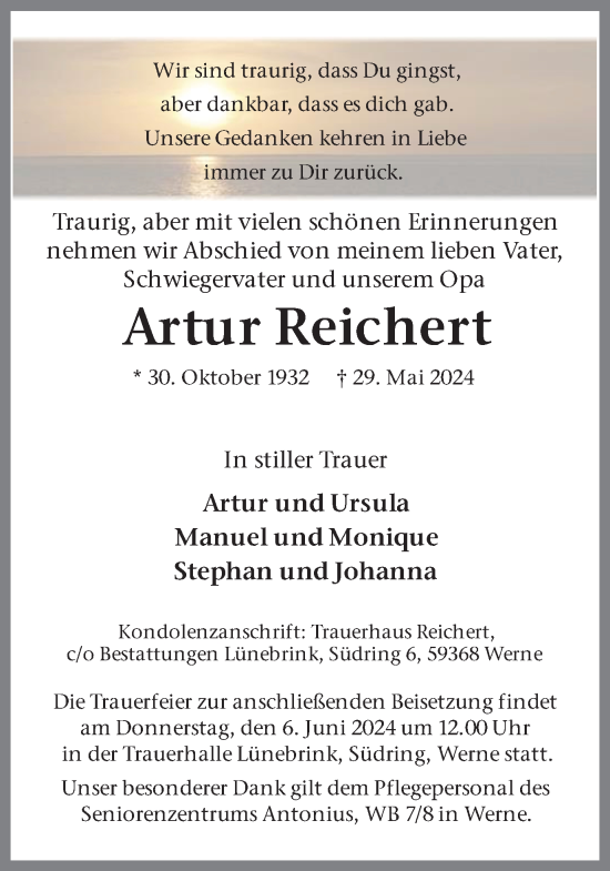 Traueranzeige von Artur Reichert