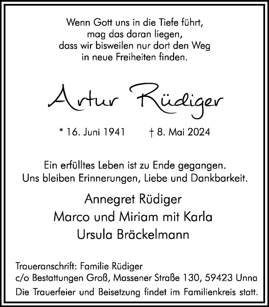 Traueranzeige von Artur Rüdiger von Hellweger Anzeiger