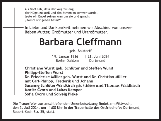 Traueranzeige von Barbara Cleffmann von Ruhr Nachrichten