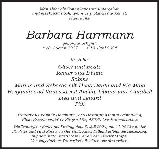 Traueranzeige von Barbara Harrmann von Recklinghäuser Zeitung