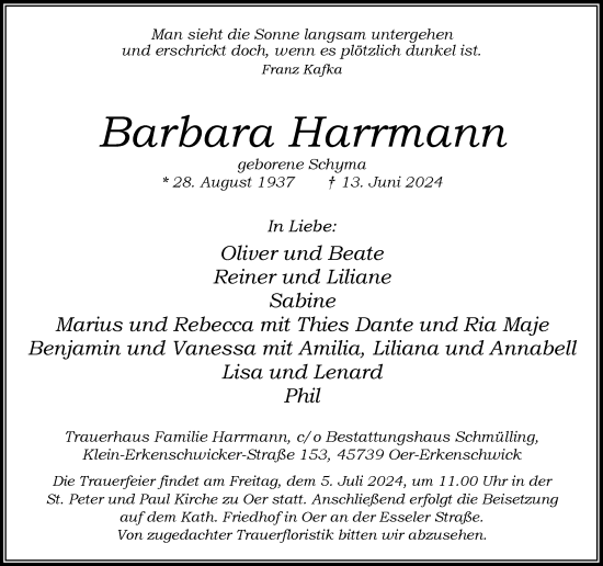 Traueranzeige von Barbara Harrmann von Ruhr Nachrichten und Halterner Zeitung